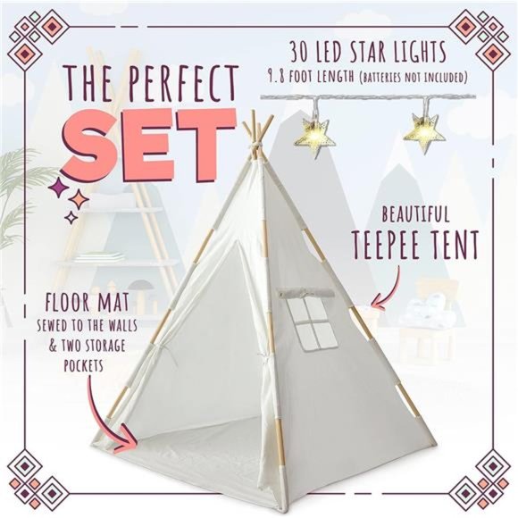 Teepee Tent for Kids:  Fairytale Tipi Playroom, LED Star Lights, 59 by 45 " - Picture 2 of 6